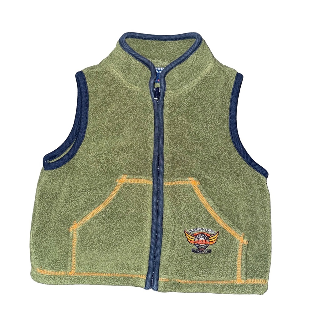Kids Vintage Olive Green Fleece Vest with Navy Trim